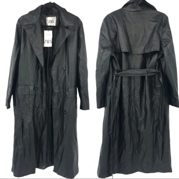 SOLD! NEW Zara Black Double Breasted Vegan Leather Belted Trench Coat Size Large - Picture 2 of 12